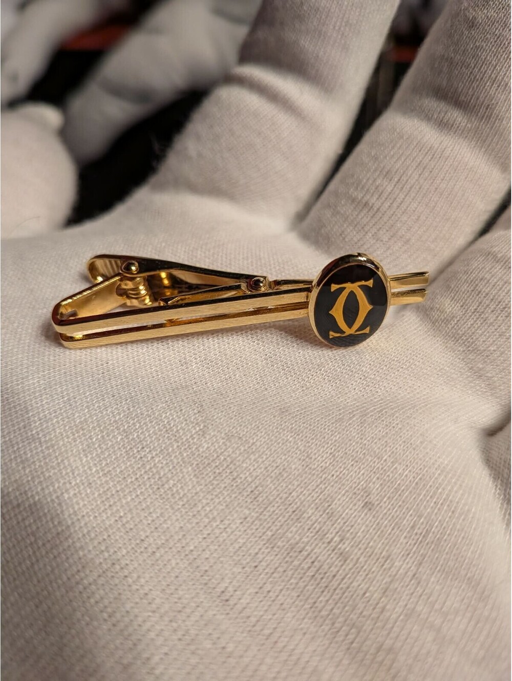 Cartier Black Gold Tone Double C Logo Oval Tie Clip Tie Bar Vintage Men's